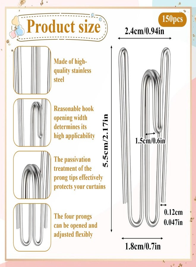 SHENLIU 150 Pcs Stainless Steel Curtain Pleat Hook, Drapery Hooks Traverse Pleater, Drapery Clasp and Pin, Curtain Pleater Tape Hook, 2 Prongs Pinch Pleat Clips Hooks for Window Door Bathroom Curtains - Image 2