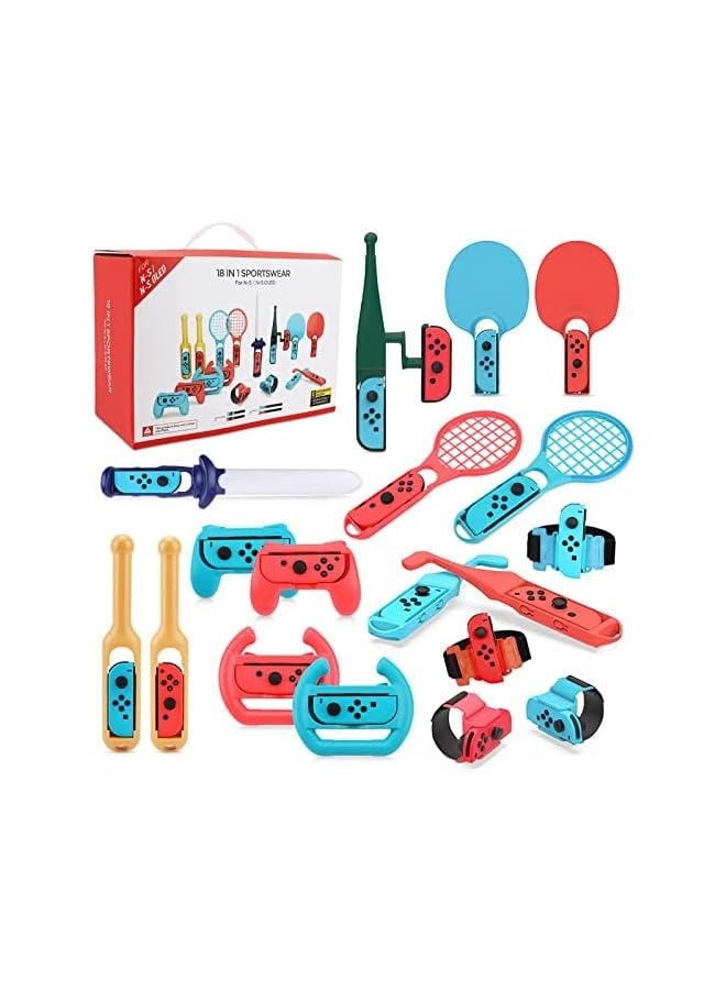 PROMASS 18 in 1 Switch Sport Games Accessories Bundle for Nintendo Switch Games, Family Bundle Accessory Kit with Tennis Racket Controller Grips Racing Wheel Bandage Golf Club Wheels Drum Stick Fishing Rod - Image 1