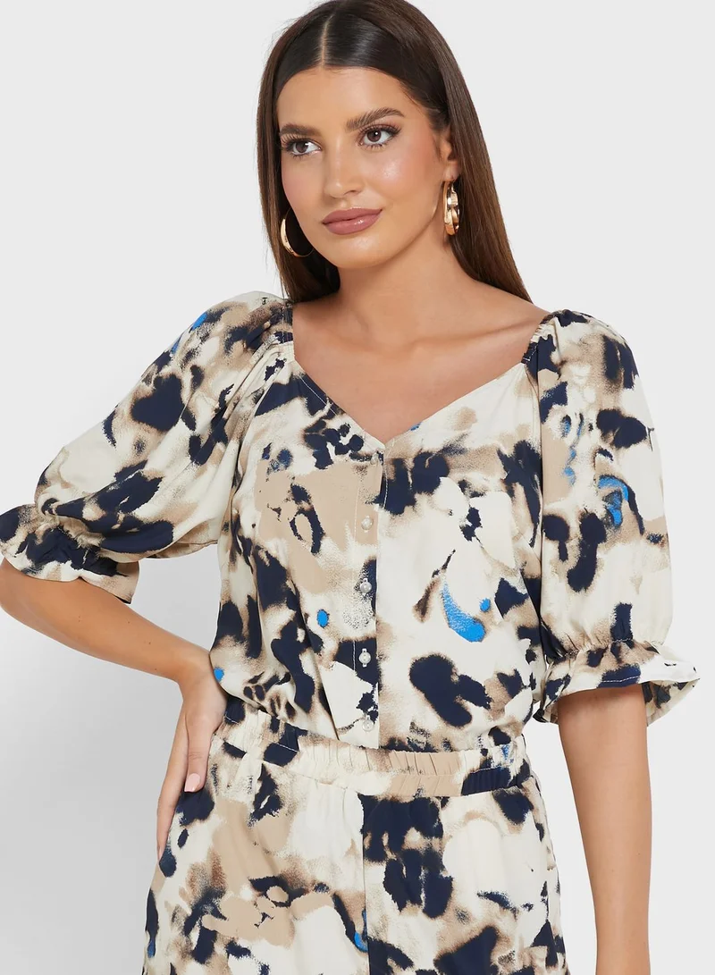 VERO MODA V-Neck Balloon Sleeve Printed Top