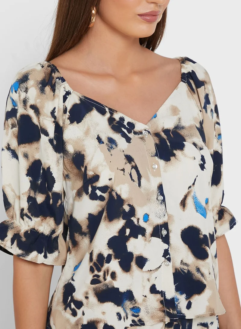 VERO MODA V-Neck Balloon Sleeve Printed Top