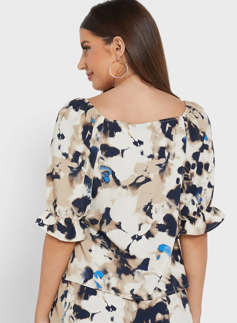 VERO MODA V-Neck Balloon Sleeve Printed Top