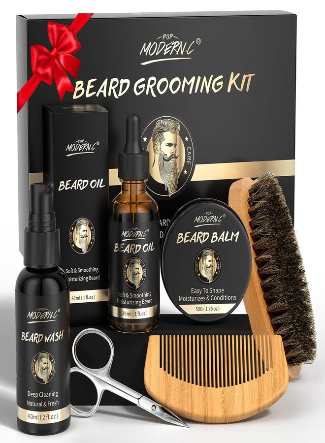 POP MODERN.C Beard Growth Kit Beard Grooming Kit 6pcs Beard Wash Shampoo Beard Oil Beard Balm Beard Comb Brush Scissors - Image 1