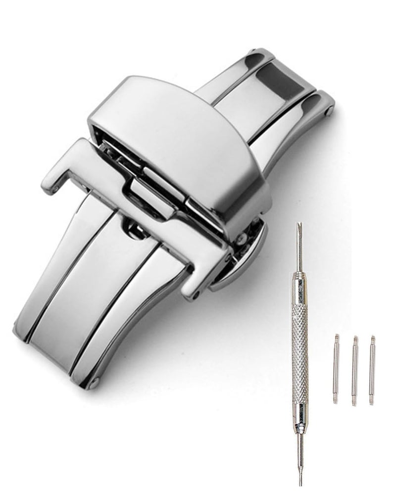 squishy 5-Piece Set Butterfly Clasp Watch Strap, Double Push Button Deployment Buckle with Spring Bar Tool, Silver Watch Band Replacement for Men and Women, for Formal and Casual Wear - Image 1