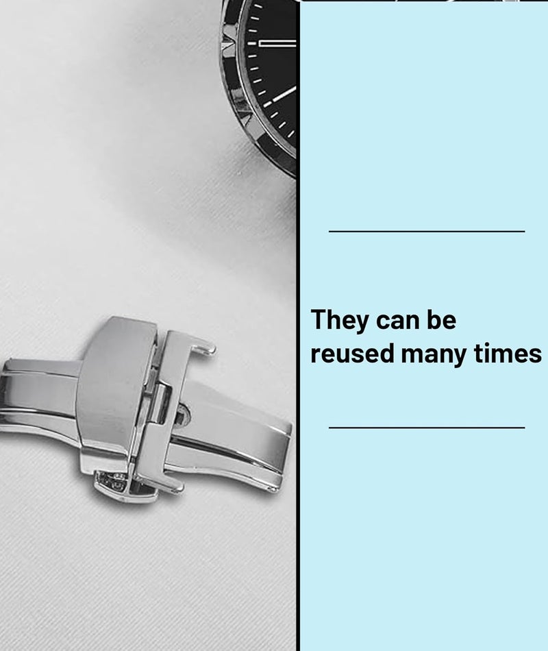squishy 5-Piece Set Butterfly Clasp Watch Strap, Double Push Button Deployment Buckle with Spring Bar Tool, Silver Watch Band Replacement for Men and Women, for Formal and Casual Wear - Image 3