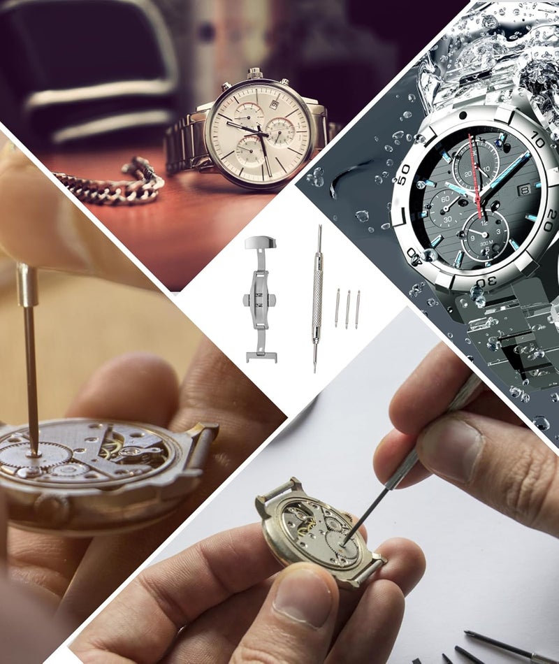 squishy 5-Piece Set Butterfly Clasp Watch Strap, Double Push Button Deployment Buckle with Spring Bar Tool, Silver Watch Band Replacement for Men and Women, for Formal and Casual Wear - Image 5