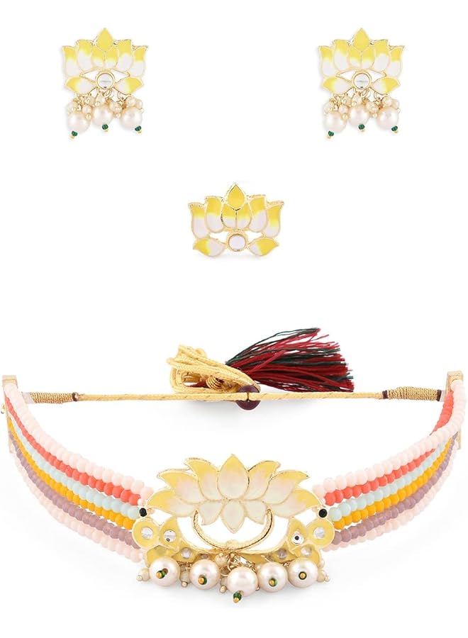 Multicolor Crystals Beaded Multistrand Lotus Meenakari Choker Necklace Earring & Ring Set For Women ZPFK14751  - Image 1
