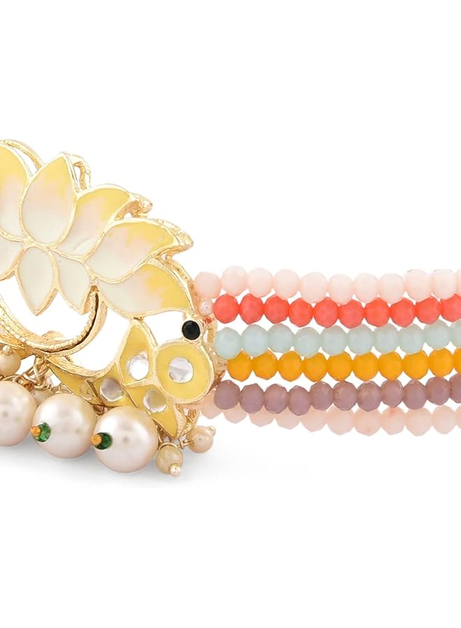 Multicolor Crystals Beaded Multistrand Lotus Meenakari Choker Necklace Earring & Ring Set For Women ZPFK14751  - Image 4