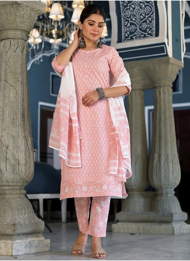 Vishudh Women Pink Printed Cotton Kurta Set by Styli  - Image 4