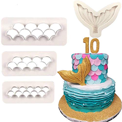 HiParty 4Pcs/Set Mermaid Tail Silicone Fondant Mold & Scale Fondant Cutter, Fish Scales Pattern Geometric Embossing Biscuit Cookie Cutter DIY Mermaid Birthday Party Cake Decorating Supplies - Image 1