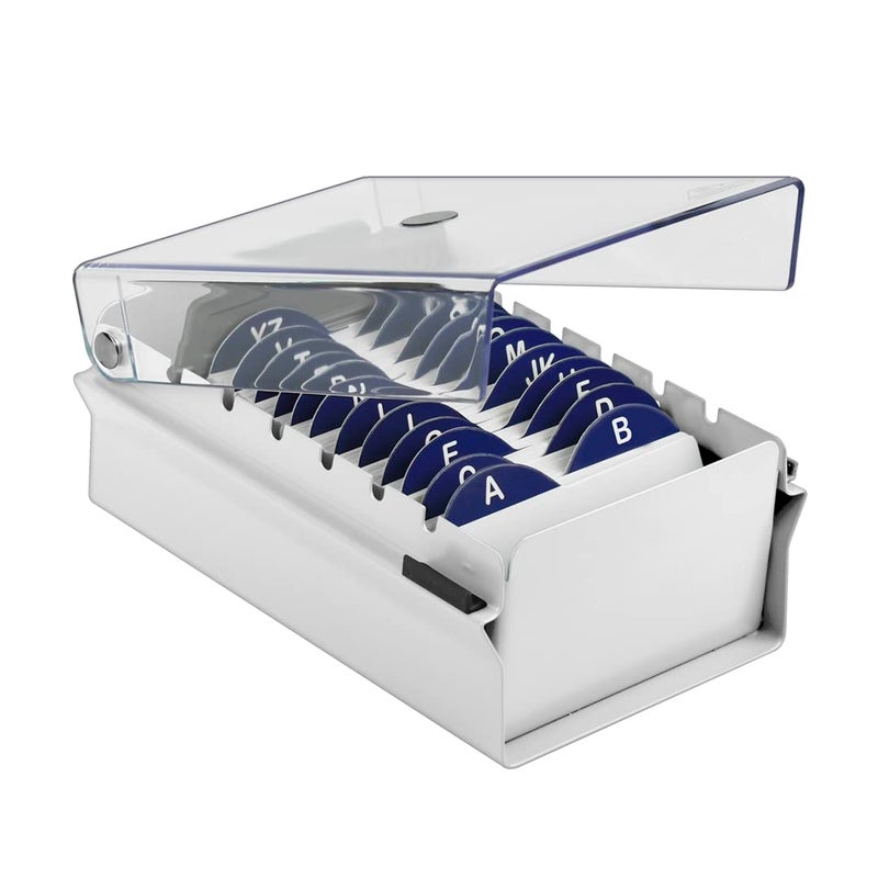 Acrimet Index Business Card Size File Holder Organizer Box Metal Base Heavy Duty AZ Index Cards and Divider Included White Color with Clear Crystal Plastic Lid Cover - Image 2