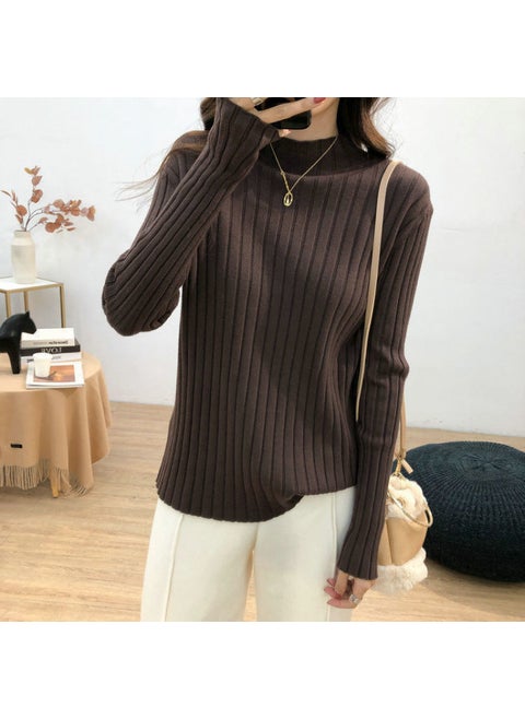 Womens Autumn/Winter Knitted Turtle Neck Sweater Half Polo Top Loose Fit High Elasticity Slimming Inner Solid Color Pullover Brown [skin-friendly and soft core-spun yarn]
