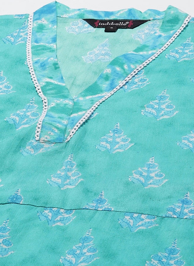 Indibelle Floral Printed V Neck Regular Pure Cotton Straight Kurta with Trousers - Image 2