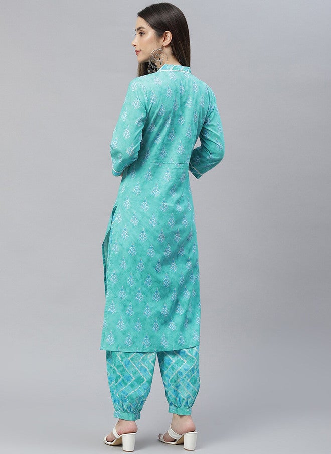 Indibelle Floral Printed V Neck Regular Pure Cotton Straight Kurta with Trousers - Image 5