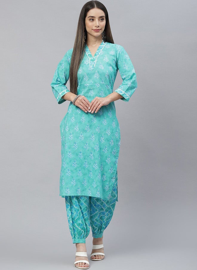 Indibelle Floral Printed V Neck Regular Pure Cotton Straight Kurta with Trousers - Image 1