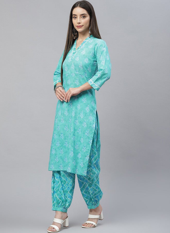 Indibelle Floral Printed V Neck Regular Pure Cotton Straight Kurta with Trousers - Image 4