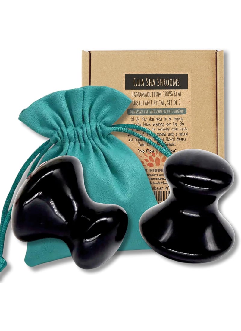Boho Aromatic THIS HIPPIE GIRL Gua Sha Mushroom Set Jaw Sculpting Tools Obsidian Stone Facial Toning and Yoga Sculpt Massage Tool 2 Gua Sha Mushrooms for Skin and Facial Treatment Obsidian Stone Facecare Tools 
