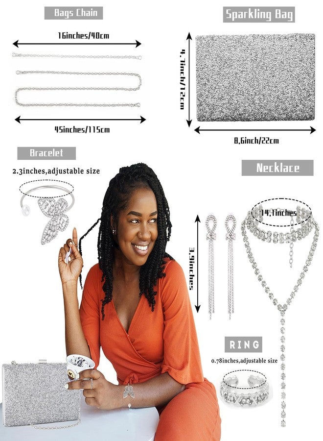 ELABEST Rhinestone Jewelry Set 5 Pieces Evening Bags Glitter Necklace Earrings Ring Bracelets for Women (Silver) - Image 4