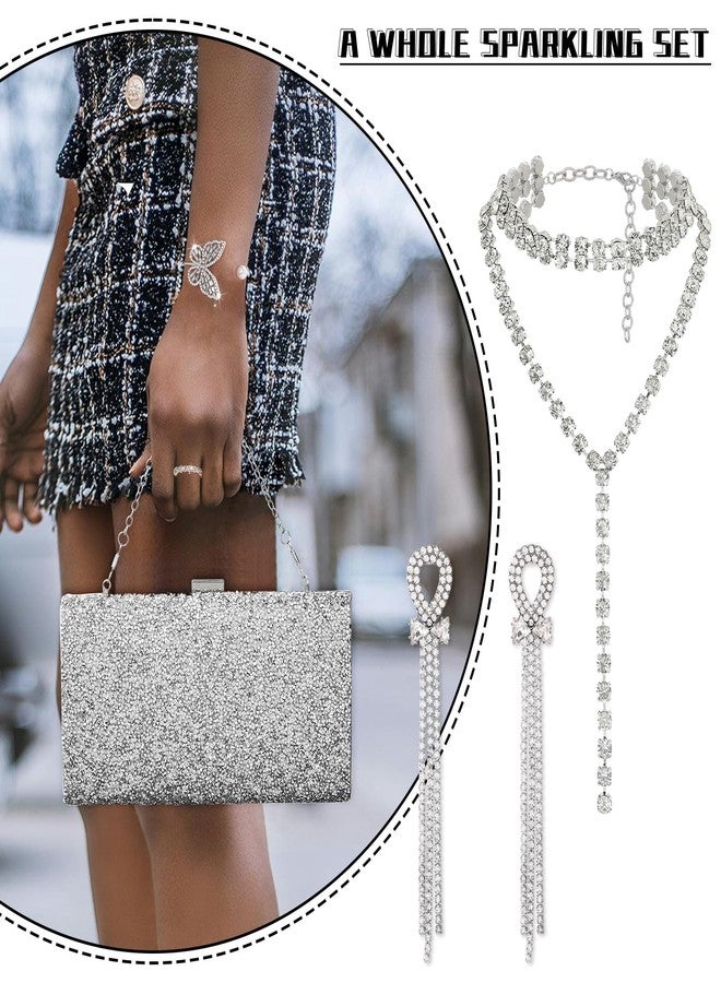 ELABEST Rhinestone Jewelry Set 5 Pieces Evening Bags Glitter Necklace Earrings Ring Bracelets for Women (Silver) - Image 3