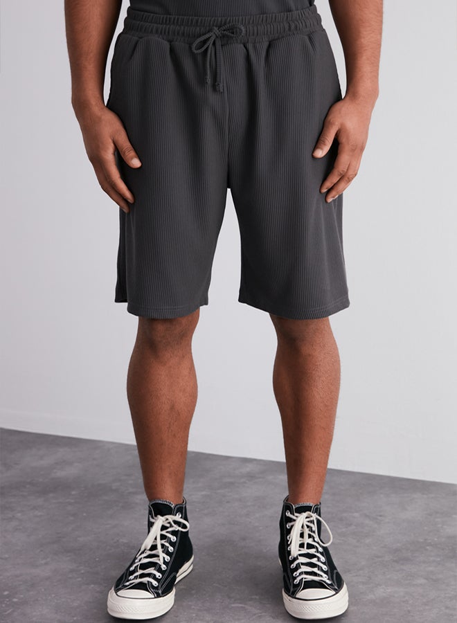 trendyol Premium Smoke Oversize/Wide Cut Textured Wrinkle-Free Ottoman Shorts - Image 1