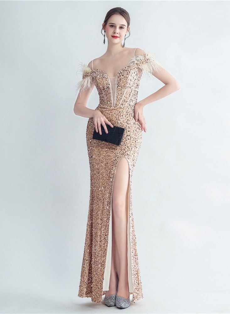 Meilun Sequin Mermaid Gown with Feather Sleeves - Image 1