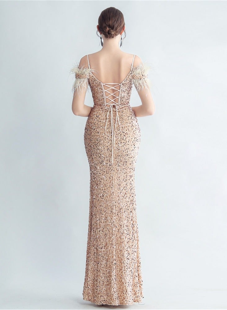 Meilun Sequin Mermaid Gown with Feather Sleeves - Image 2
