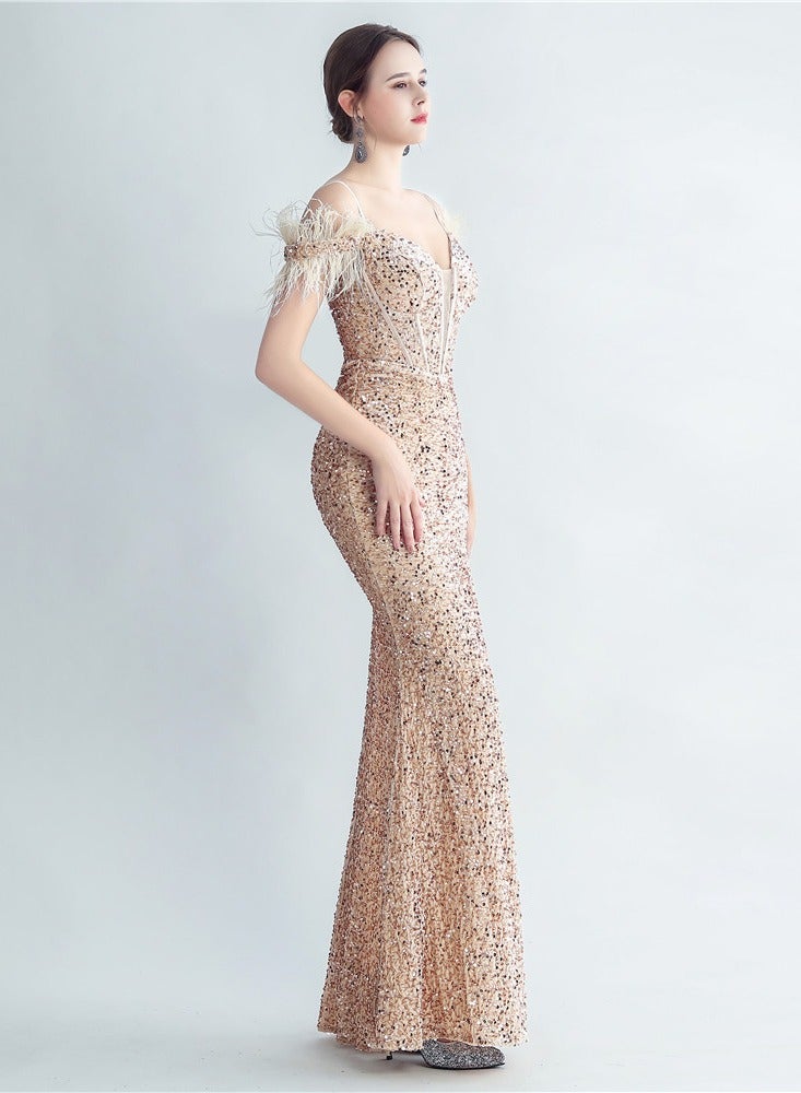 Meilun Sequin Mermaid Gown with Feather Sleeves - Image 4
