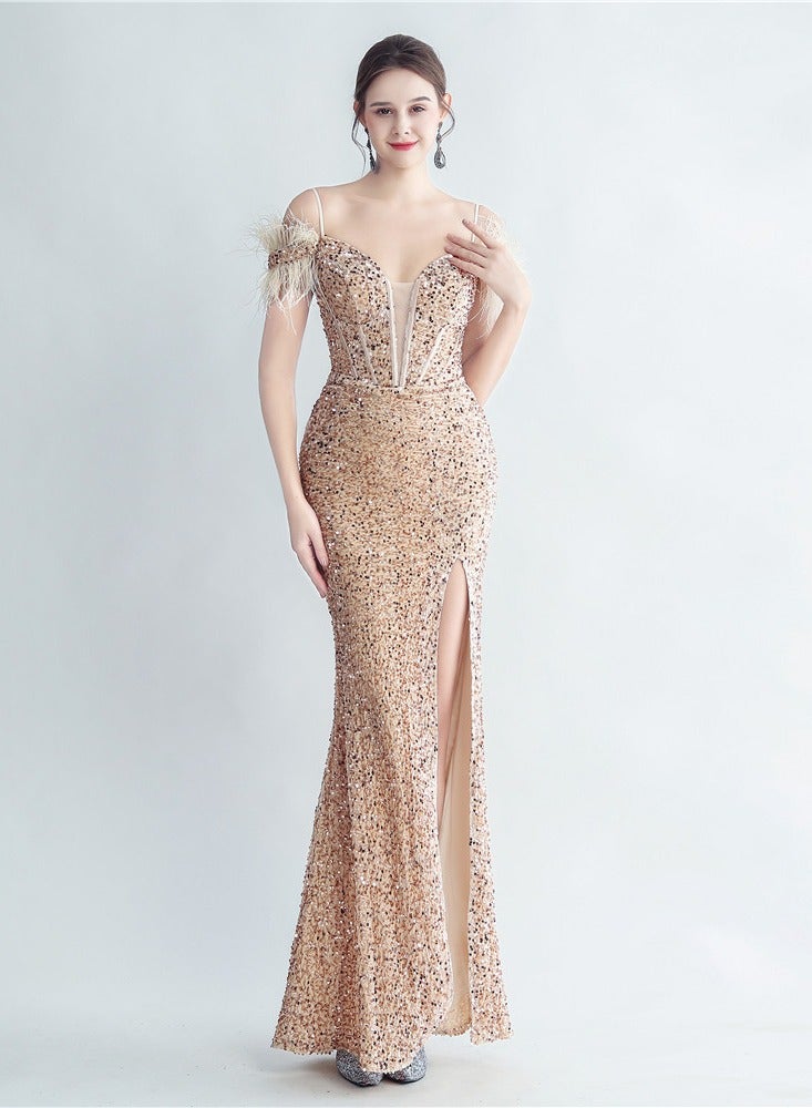 Meilun Sequin Mermaid Gown with Feather Sleeves - Image 5