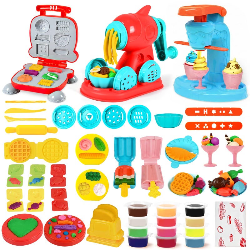 SOCBTNSO 3 in 1 Dough Sets 59 PCS for Kids Ages 4-8, Dough Tools Kit with Ice Cream Noodle Hamburger Maker Machine, Kitchen Creations Art Crafts Food Play Toys for Boys Girls Kids Toddlers Ages 3+ - Image 1