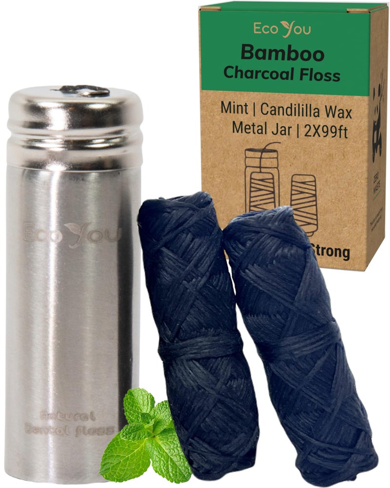 EcoYou Charcoal Bamboo Floss | 2 Non Toxic Natural Floss Refill with Metal Container | Organic Mint & Candelilla Wax | Vegan & Biodegradable | Compatible w/Similar Dental Floss Silk Refill Containers - Image 1