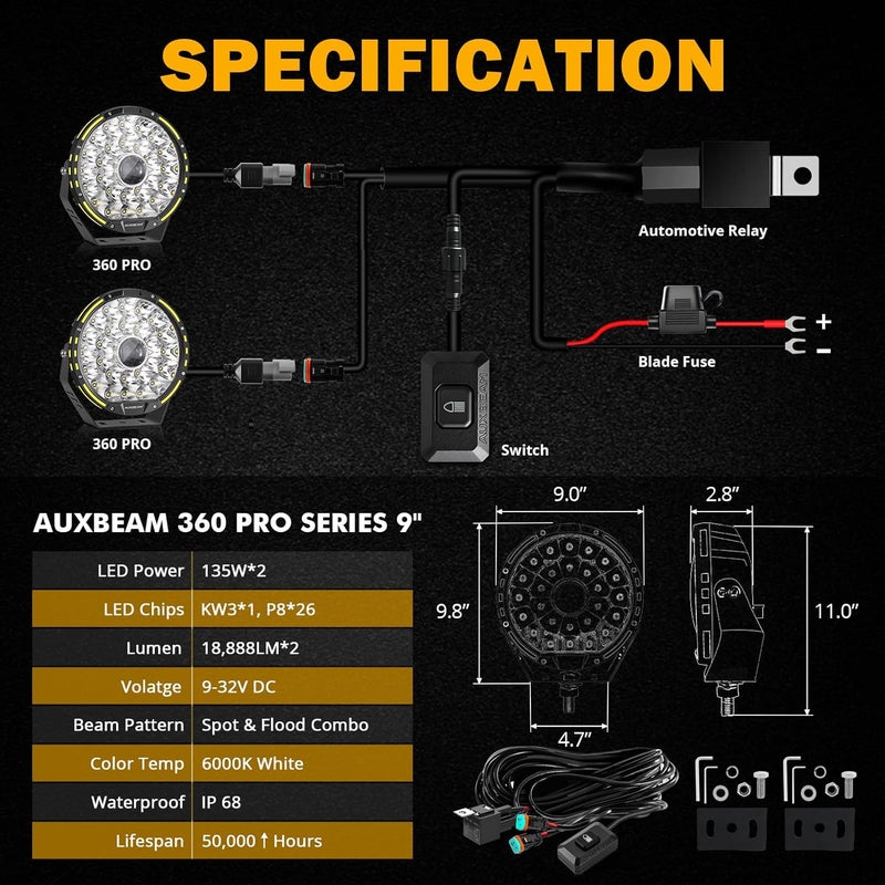 Auxbeam 360-PRO Series 9 Inch Round Off Road Lights, 270W LED Driving Lights 37776LM Spot Flood Combo Light Bar, Auxiliary Light Pods Bumper Work Lights Offroad Lighting - Image 2