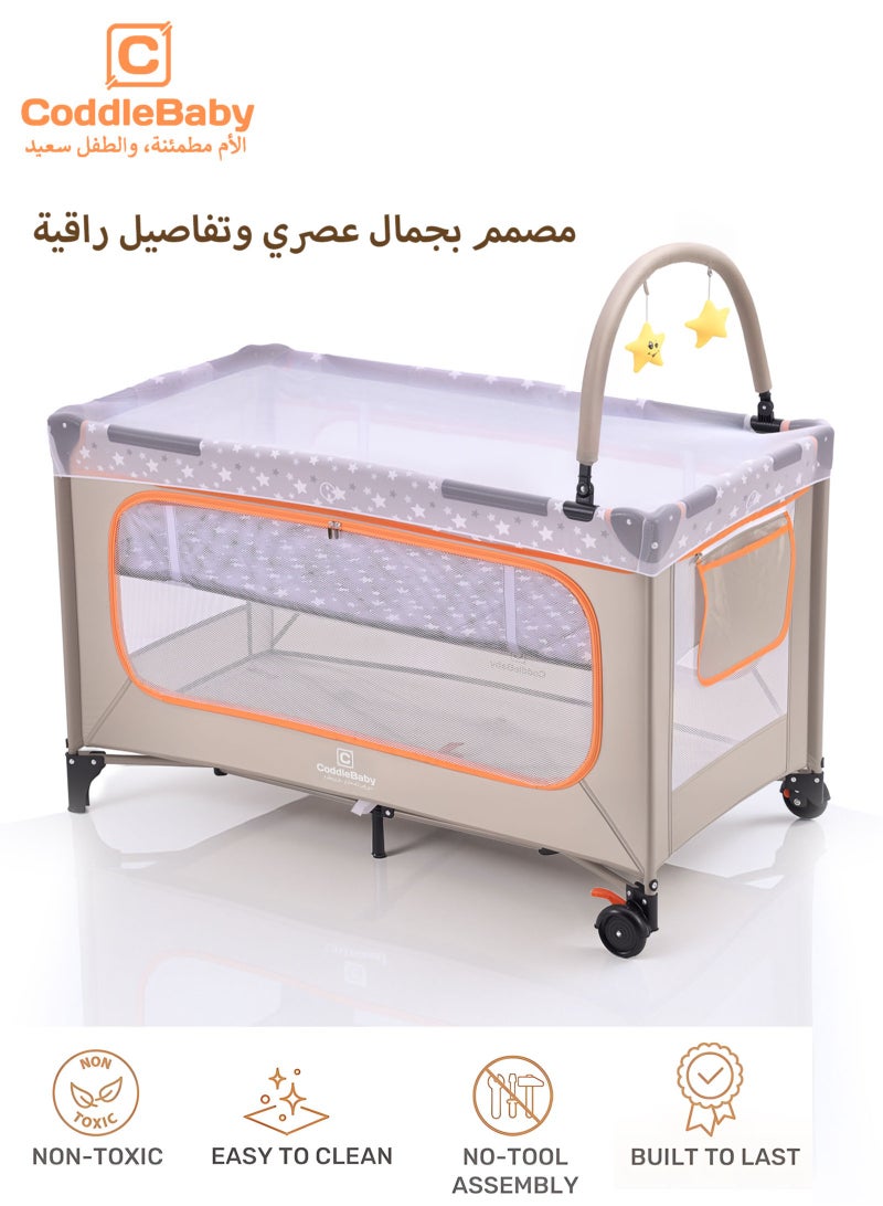 CoddleBaby Playard Baby Cots with Playmat/Mattresses, Indoor & Outdoor Play Events with Belt Moving Wheel Baby Cribs, Fiber Waterproof Soft Cots with 120*60cm  - Image 1