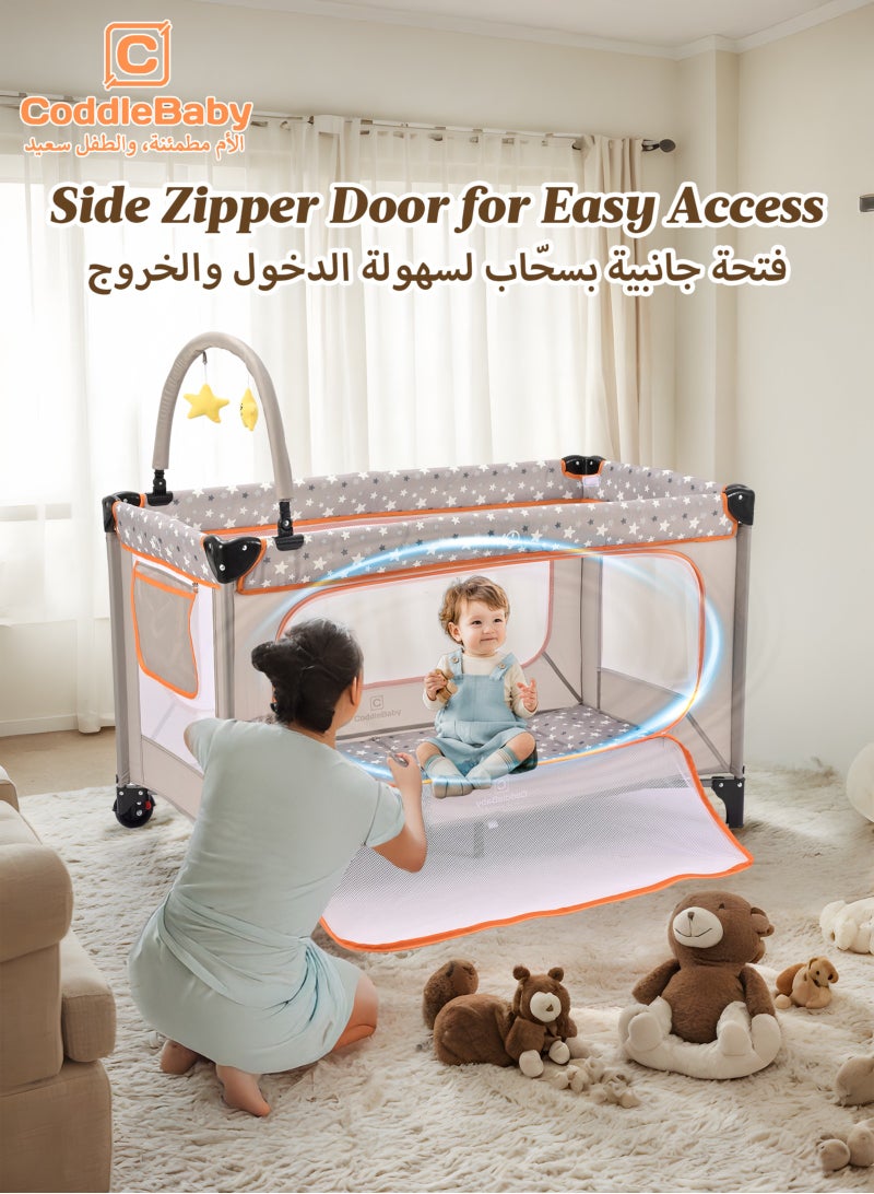 CoddleBaby Playard Baby Cots with Playmat/Mattresses, Indoor & Outdoor Play Events with Belt Moving Wheel Baby Cribs, Fiber Waterproof Soft Cots with 120*60cm  - Image 3