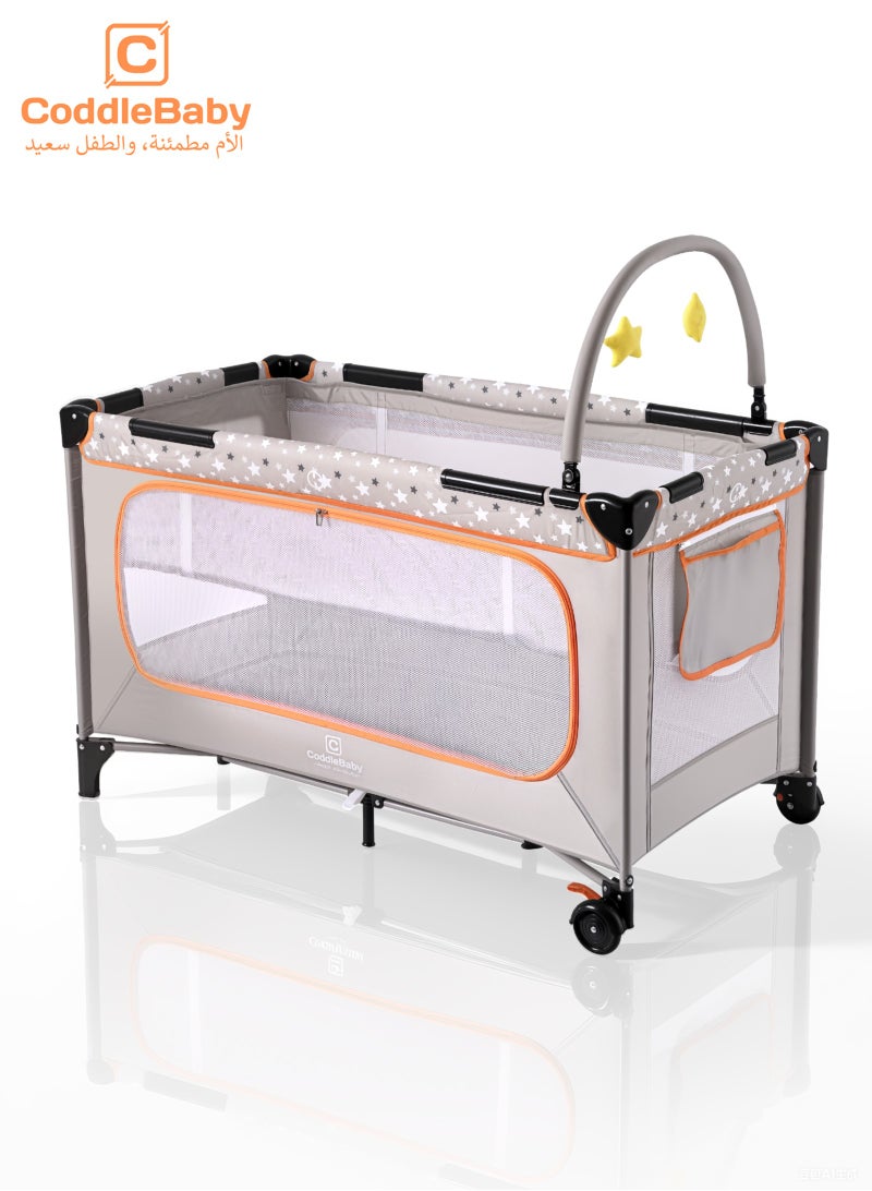 CoddleBaby Playard Baby Cots with Playmat/Mattresses, Indoor & Outdoor Play Events with Belt Moving Wheel Baby Cribs, Fiber Waterproof Soft Cots with 120*60cm - Image 1