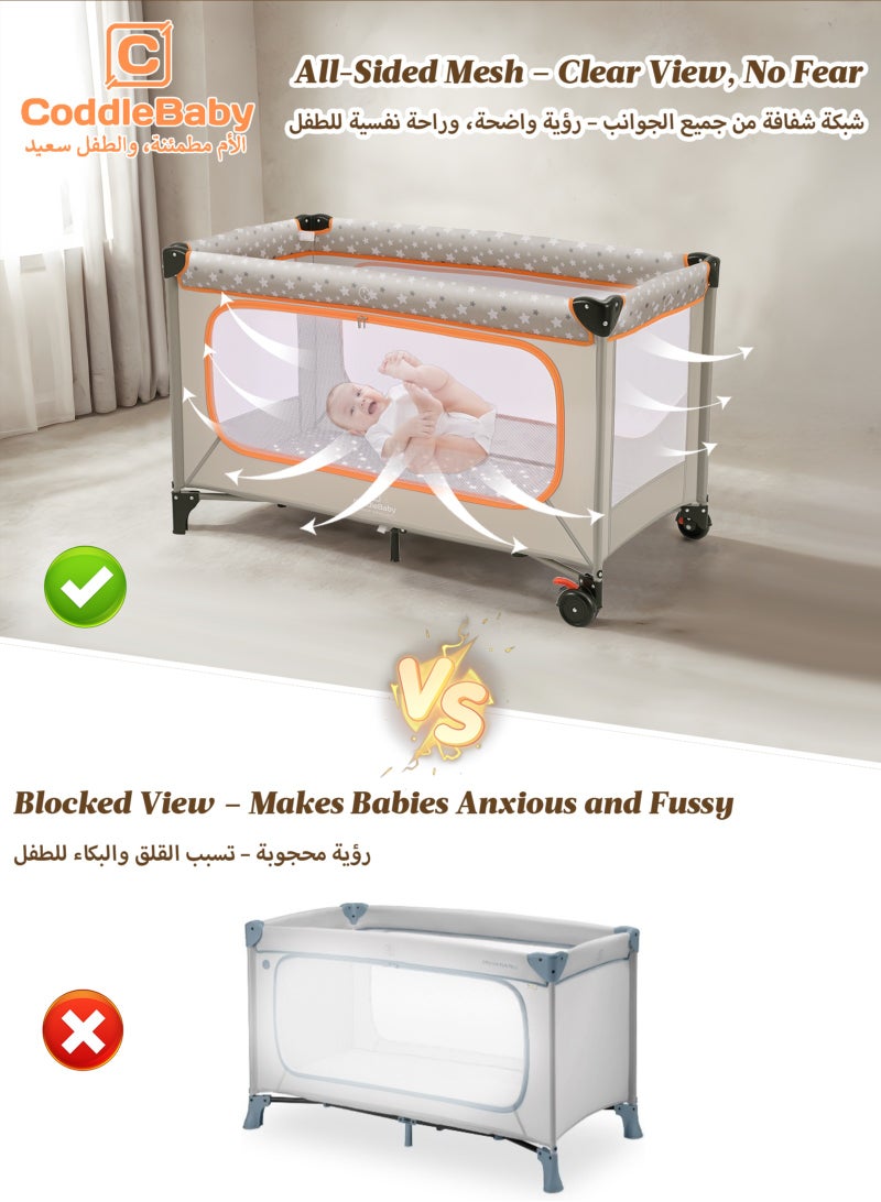 CoddleBaby 3-in-1 Baby Cot with Adjustable Mattress Height, Foldable Baby Playard with Play Window, Portable Crib for Indoor Use - Image 5