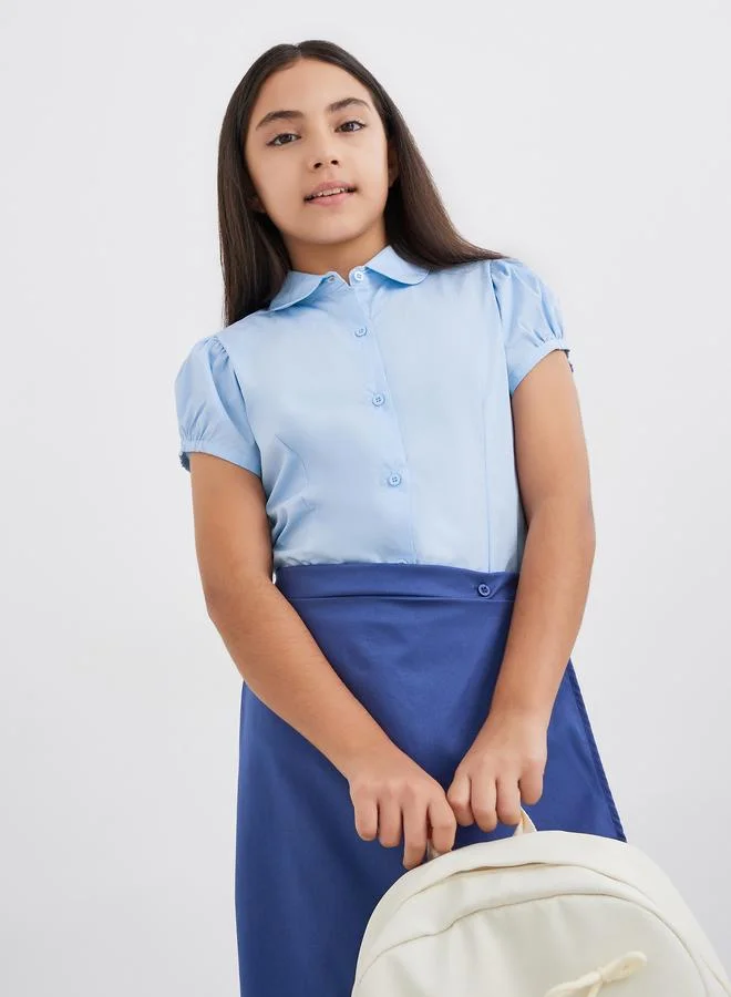 Styli Girls School Uniform Light Blue Cotton Puff Sleeves Shirt