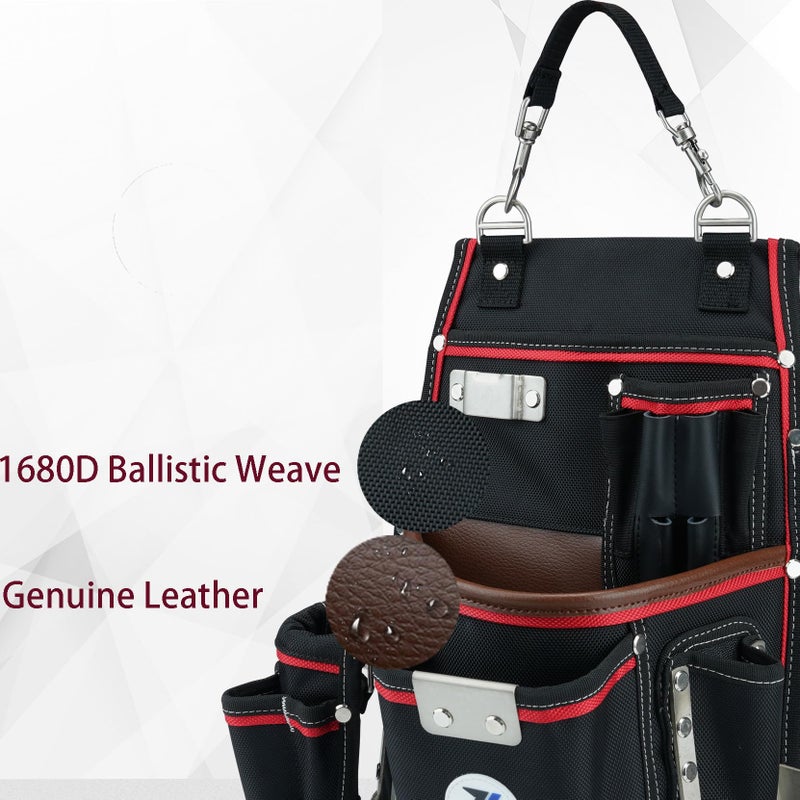 Zeluga 20-539 Professional Heavy Duty Tool Pouch with Hammer Holder & Tape Clip | 1680D Ballistic Nylon + Genuine Leather | Belt Loop & Hand Carry - Image 2