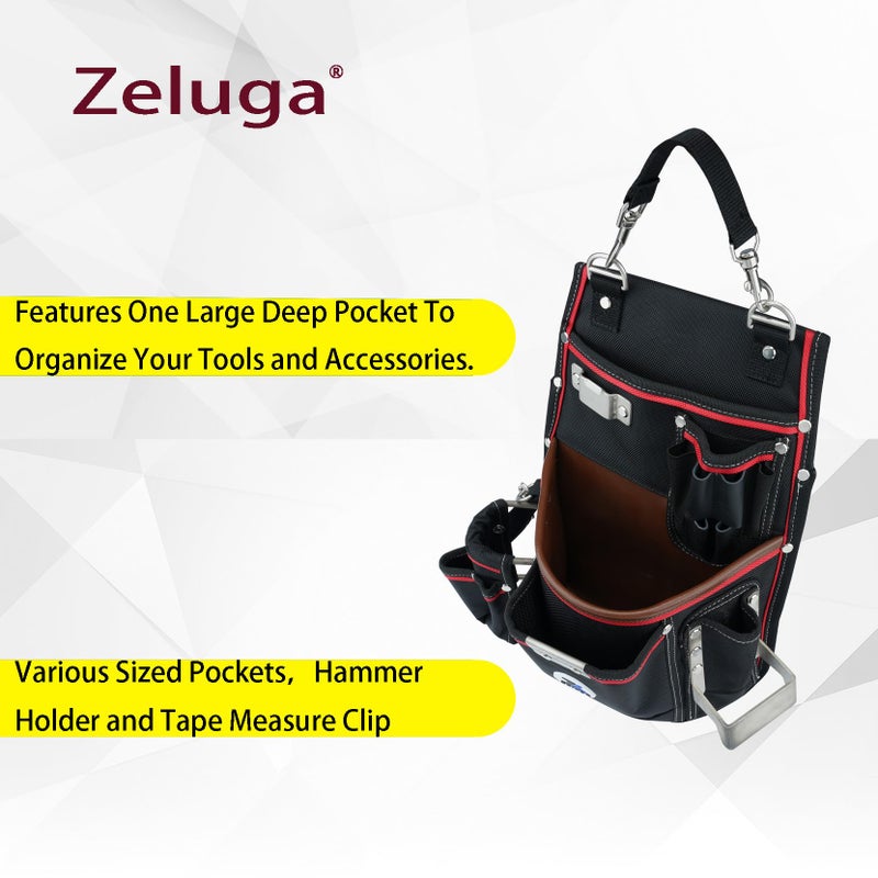 Zeluga 20-539 Professional Heavy Duty Tool Pouch with Hammer Holder & Tape Clip | 1680D Ballistic Nylon + Genuine Leather | Belt Loop & Hand Carry - Image 5