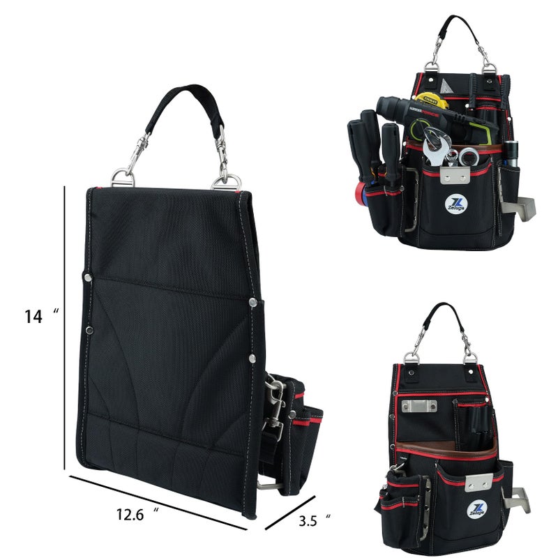 Zeluga 20-539 Professional Heavy Duty Tool Pouch with Hammer Holder & Tape Clip | 1680D Ballistic Nylon + Genuine Leather | Belt Loop & Hand Carry - Image 3
