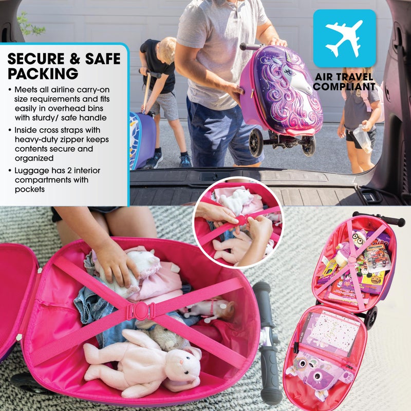 KIDDIETOTES Ride-On Scooter Suitcase for Kids â€“ Hardside Lightweight Carry-On Luggage with Foldable Scooter, LED Wheels, Travel Fun for Toddlers & Children - Image 4