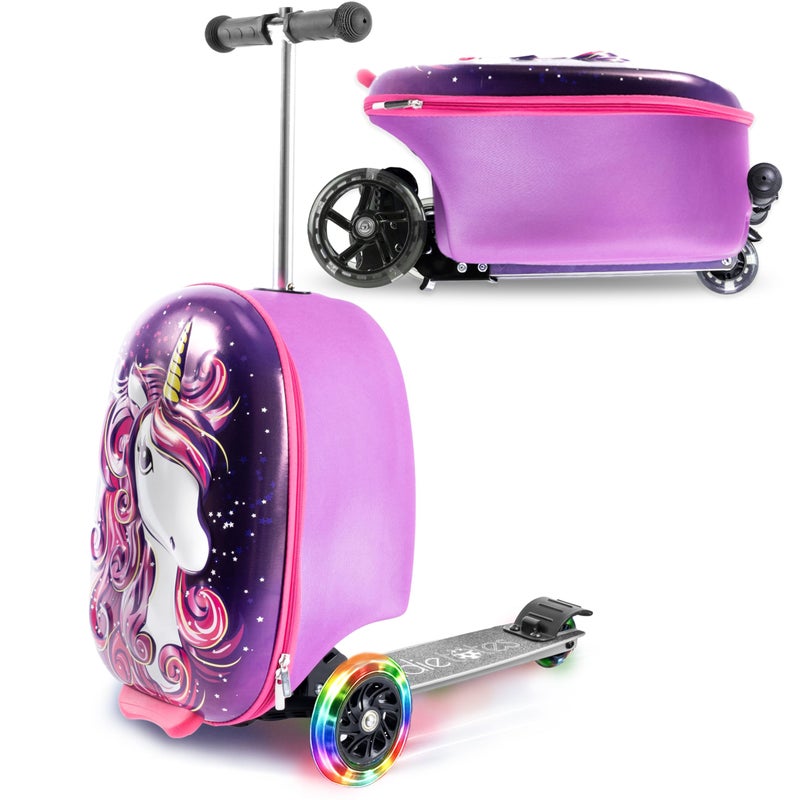 KIDDIETOTES Ride-On Scooter Suitcase for Kids â€“ Hardside Lightweight Carry-On Luggage with Foldable Scooter, LED Wheels, Travel Fun for Toddlers & Children - Image 1