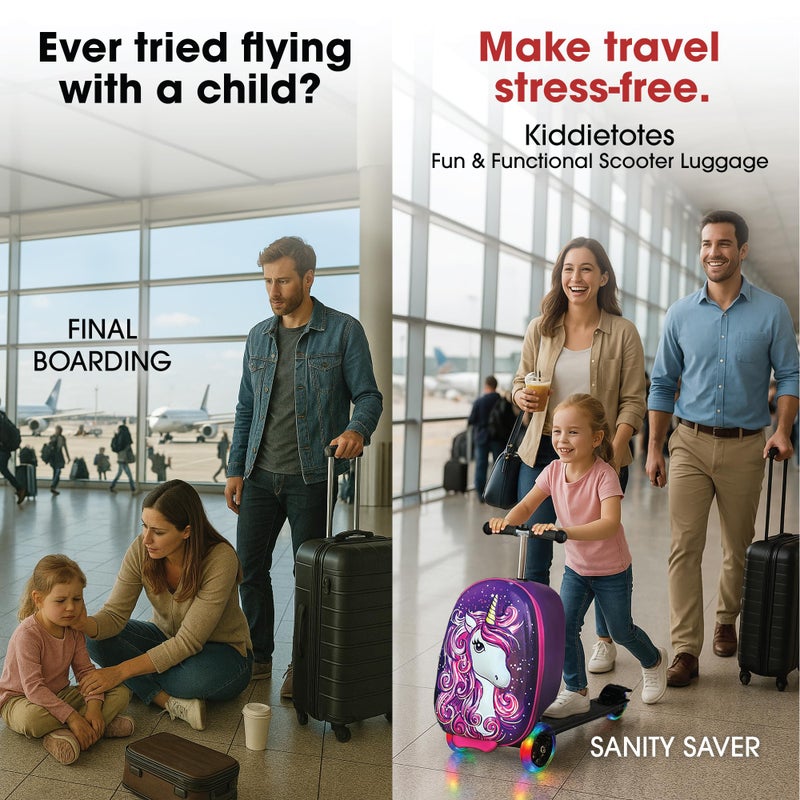 KIDDIETOTES Ride-On Scooter Suitcase for Kids â€“ Hardside Lightweight Carry-On Luggage with Foldable Scooter, LED Wheels, Travel Fun for Toddlers & Children - Image 3
