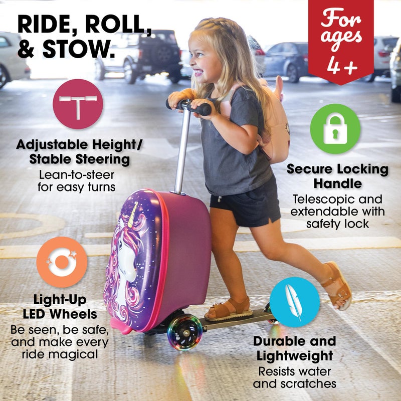 KIDDIETOTES Ride-On Scooter Suitcase for Kids â€“ Hardside Lightweight Carry-On Luggage with Foldable Scooter, LED Wheels, Travel Fun for Toddlers & Children - Image 2
