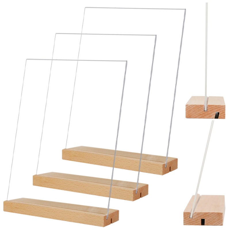TONICE 5x7 Acrylic Sign Holder with Wood Base 3 Pack L/T Shape Vertical or Slant Back Display for Wedding, Restaurant, Store, Office, Hotel - Image 1