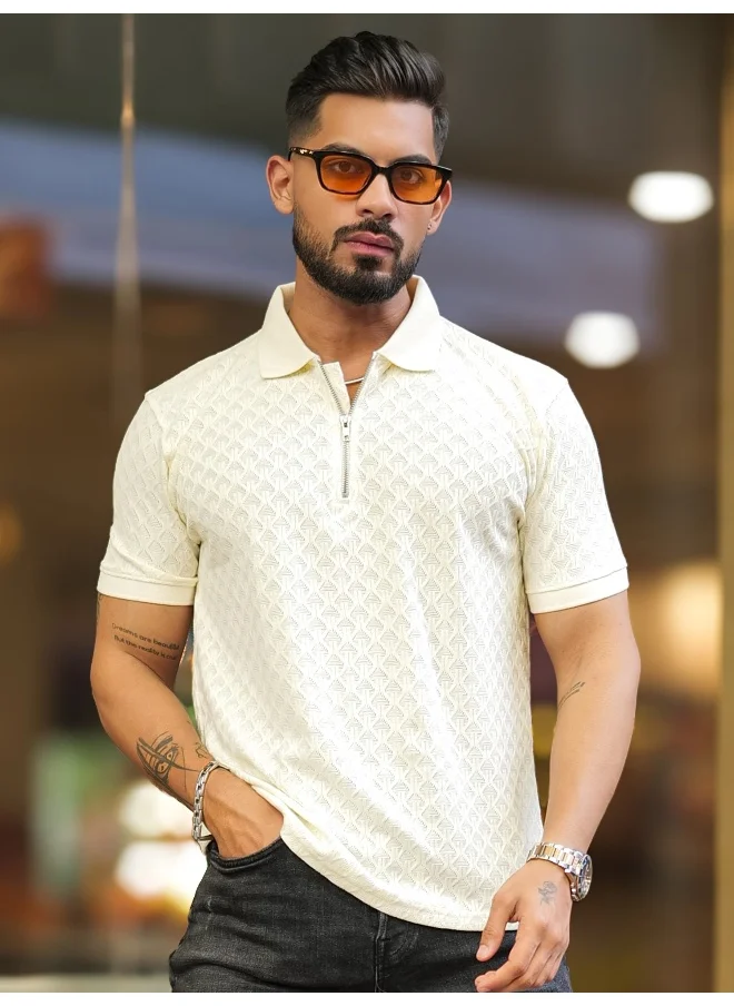Maniac Mens Kite Textured Polo Neck Half Sleeve Cotton Slim Fit T-Shirt