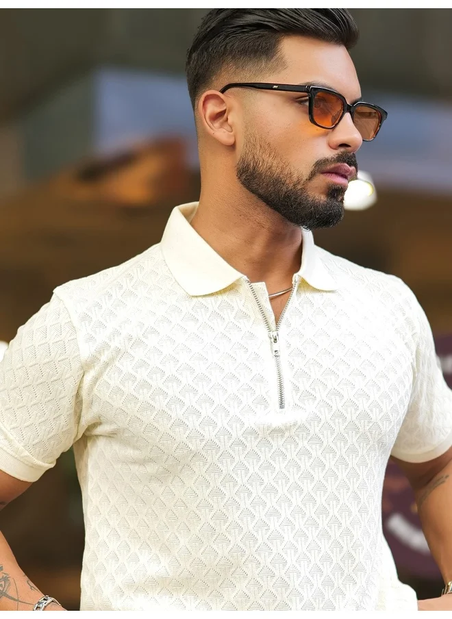 Maniac Mens Kite Textured Polo Neck Half Sleeve Cotton Slim Fit T-Shirt