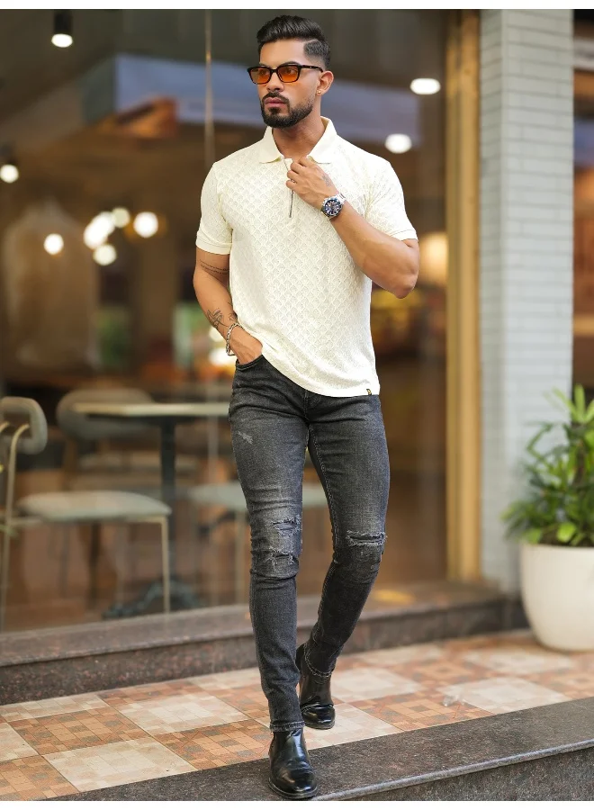 Maniac Mens Kite Textured Polo Neck Half Sleeve Cotton Slim Fit T-Shirt