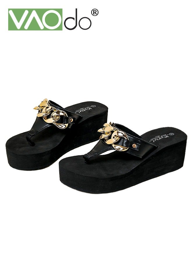 VAOdo Women Thick Sole Flip Flop, Island Platform High Wedge Sandals, Arch Support Slipper, Non-slip Fashion Style Sandals for Indoor and Outdoor Black  - Image 1