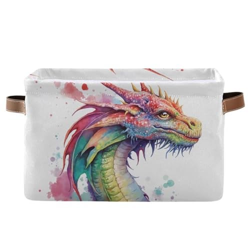 BOENLE Large Storage Basket Watercolor Dragon Cube Storage Bin Canvas Fabric Organizer Handles Collapsible for Clothes Toys Bedroom Decorative - Image 1