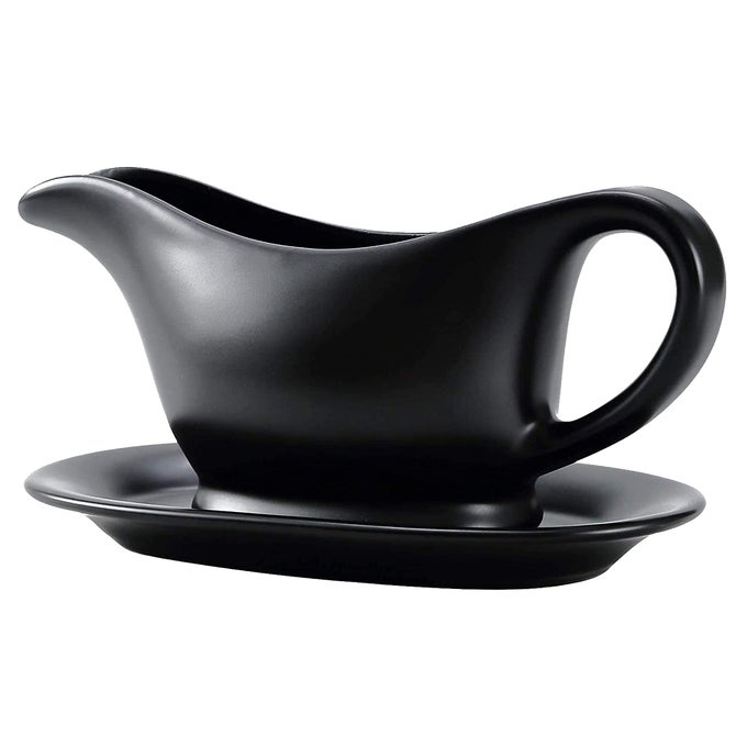 11 OZ BLACK CERAMIC GRAVY BOAT WITH TRAY 11 OUNCE SMALL CERAMIC SERVING DISH DISPENSER WITH TRAY FOR SAUCES DRESSING AND CREAMER GRAVY BOAT WITH SAUCER FOR THANKSGIVING
