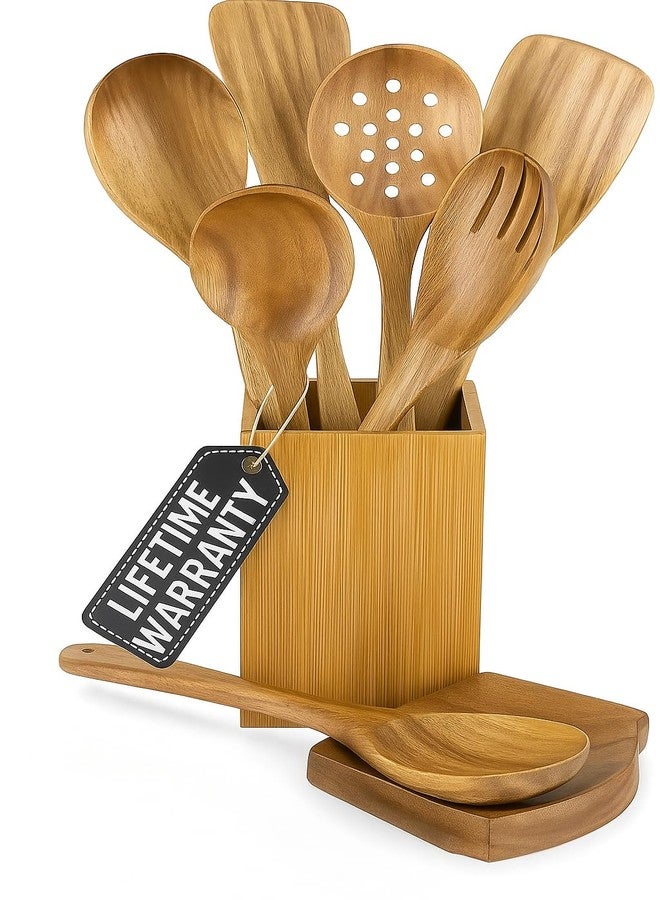 STORE INDYA 8 Piece Wooden Spoons for Cooking with Spoon Holder and Spoon Rest | Acacia wood Nontoxic Nonstick cookware compatible Wooden cooking utensils set | Lightweight & Durable - Image 1